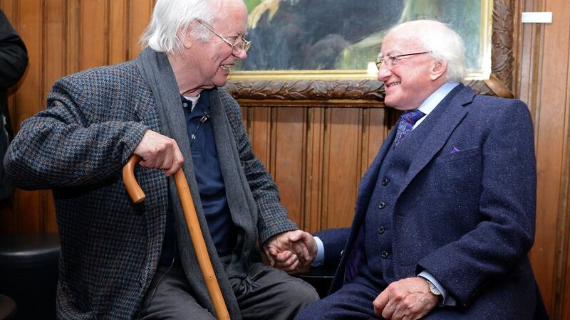 Brendan Kennelly and President Higgins at the Abbey Theatre Dublin, at an event to celebrate the 80th year of the poet. Photograph: Eric Luke