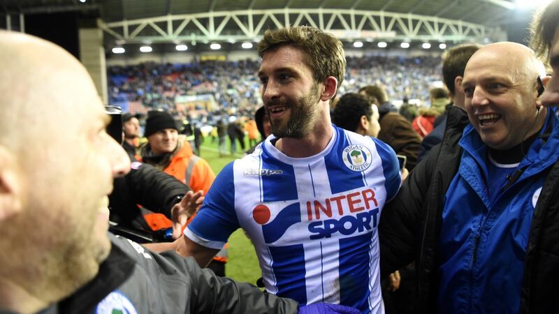 Will Grigg scored Wigan’s winner against Manchester City. Photograph: Michael Regan/Getty