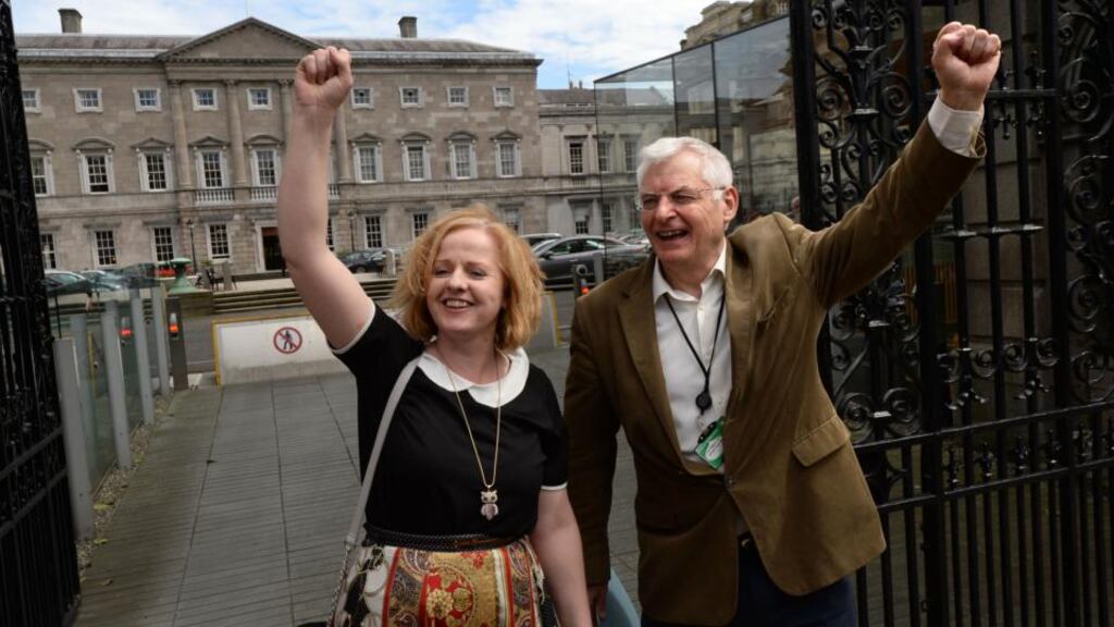 Socialist Party TD for Dublin West Ruth Coppinger, with Joe Higgins, at Leinster House on her first day at the Dail. Photograph: Dara Mac Dónaill / The Irish Times