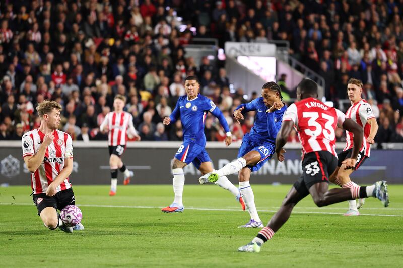 Brentford's Nathan Collin blocks a shot by Joao Pedro of Chelsea at Gtech Community Stadium on Saturday. Photograph: Jack Thomas/Getty Images