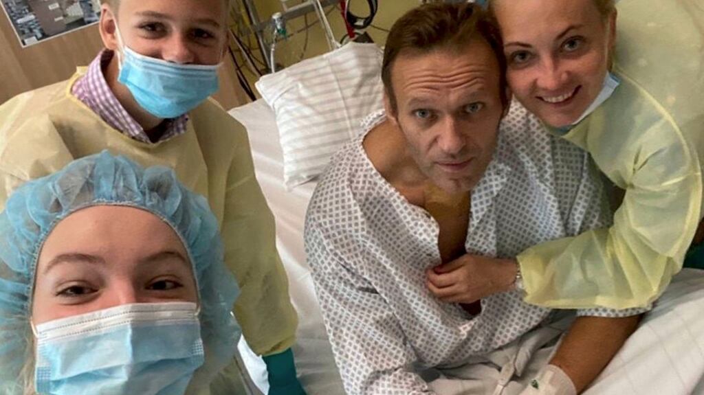 Russian opposition leader Alexei Navalny with his wife Yulia (right) and medical staff in the hospital hospital in Berlin where he has been treated for poisoning. Photograph: Alexei Navalny Instagram via AP