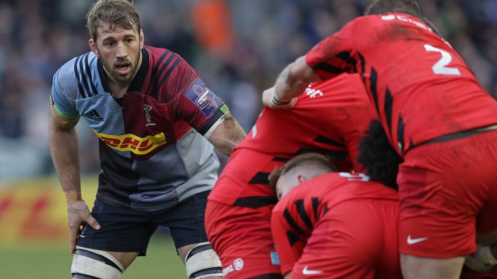 Chris Robshaw in action for Harlequins against Saracens in January. The former England captain says Saracens salary cap breach is “cheating.” Photograph: Henry Browne/Getty