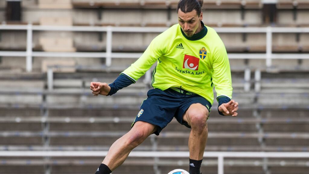 Zlatan Ibrahimovic during a Sweden trainign session in Stockholm on Wednnesday . Photograph:  Jonathan Nackstrand/AFP/Getty Images