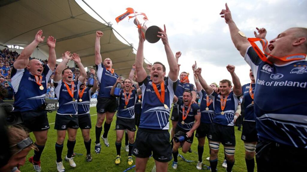 Leinster’s Jonny Sexton celebrates with the trophy. Photograph: Julien Behal/PA Wire.
