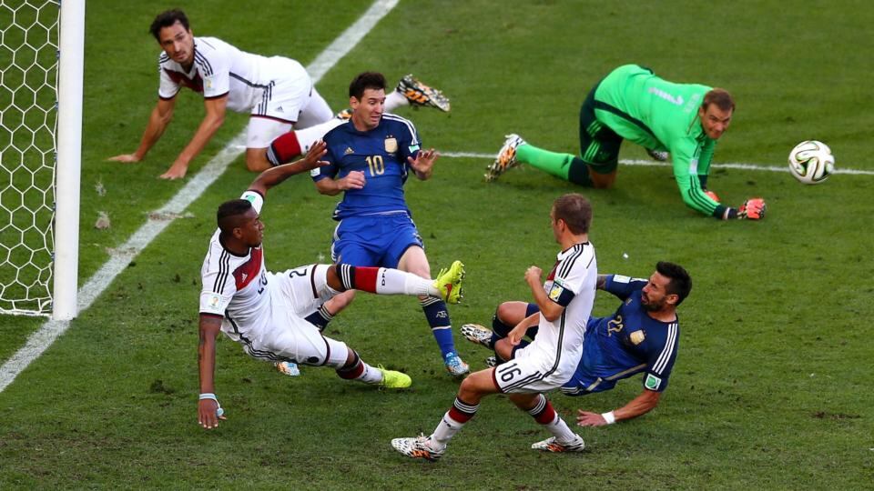 Lionel Messi (10) and Ezequiel Lavezzi of Argentina attempt to shoot as Jerome Boateng of Germany clears the ball off the line in the 2014 Fifa World Cup final  at Maracana in Rio de Janeiro. Photograph:  Michael Steele/Getty Images
