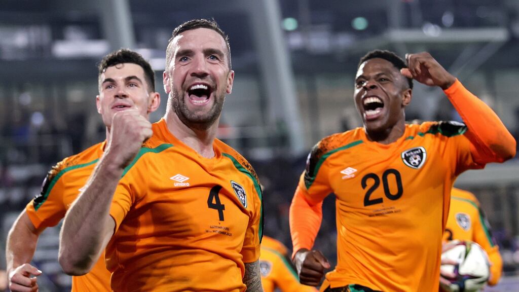 Shane Duffy celebrates scoring Ireland’s first goal. Photograph: Laszlo Geczo/Inpho