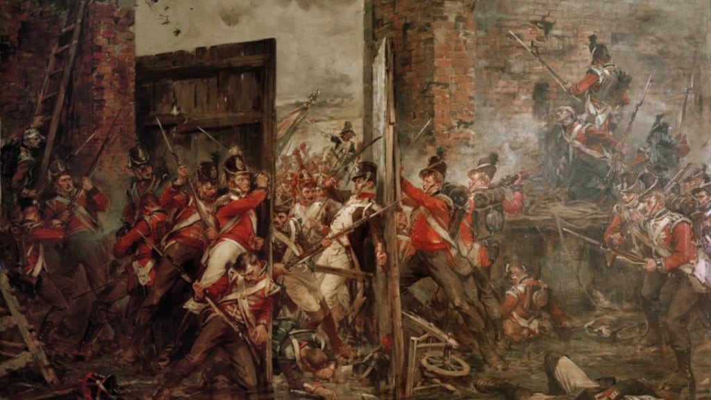 Closing the Gates at Hougoumont, 1815 painted by the Victorian artist Robert Gibb, which shows a vital moment during the Battle of Waterloo.