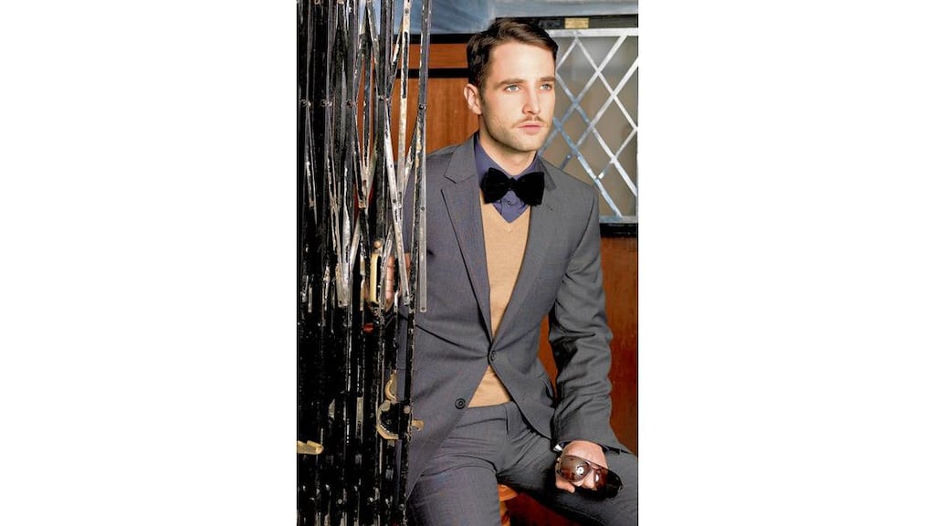 Jacket (€260), and trousers (€130) by Simon Carter, House of Fraser; jumper (€39.95) and shirt (€39.95), both from Zara; sunglasses (€139) by Ralph Lauren, from House of Fraser; vintage velvet bow tie, stylist's own Prices may have changed due to seasonal reductions
