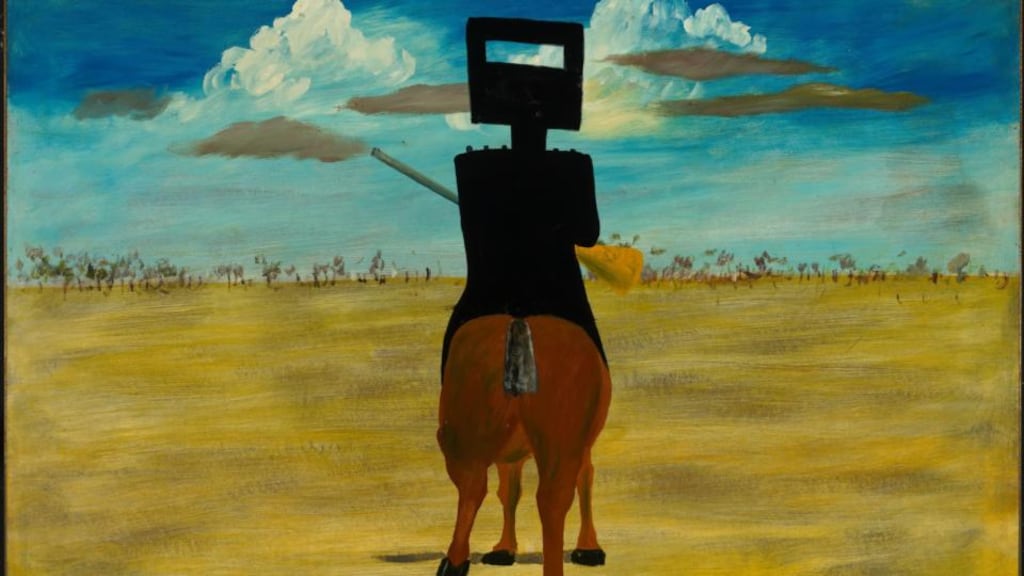 Sidney Nolan’s portrait of Ned Kelly, the bushranger who was the subject of Peter Carey’s Booker Prize winning novel, The True History of the Kelly Gang (2001)