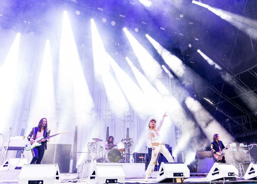 Greta van Fleet: From left are Sam Kiszka, Danny Wagner, Josh Kiszka and Jake Kiszka performing at the Shaky Knees Festival at Central Park, Atlanta, Georgia, in May 2023. Photograph: Scott Legato/Getty