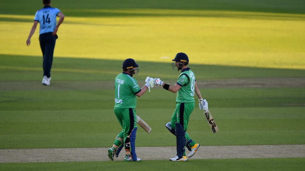 A partnership of 214 between Paul Stirling and Andrew Balbirnie set up Ireland’s seven-wicket victory over England in Southampton. Photograph: Mike Hewitt/Getty