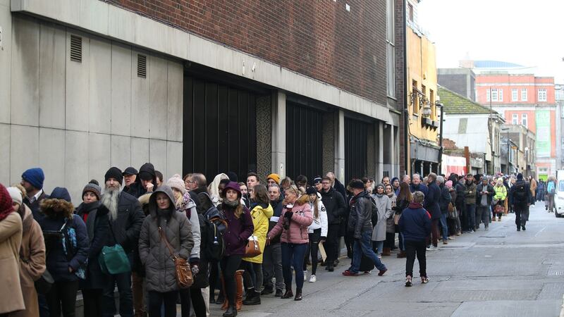 The queue to audition as extras for the upcoming movie The Last Duel stretched the length of Dublin’s Old Abbey Street, around the corner onto Marlborough Street, and halfway down Eden Quay. Photograph Nick Bradshaw for The Irish Times