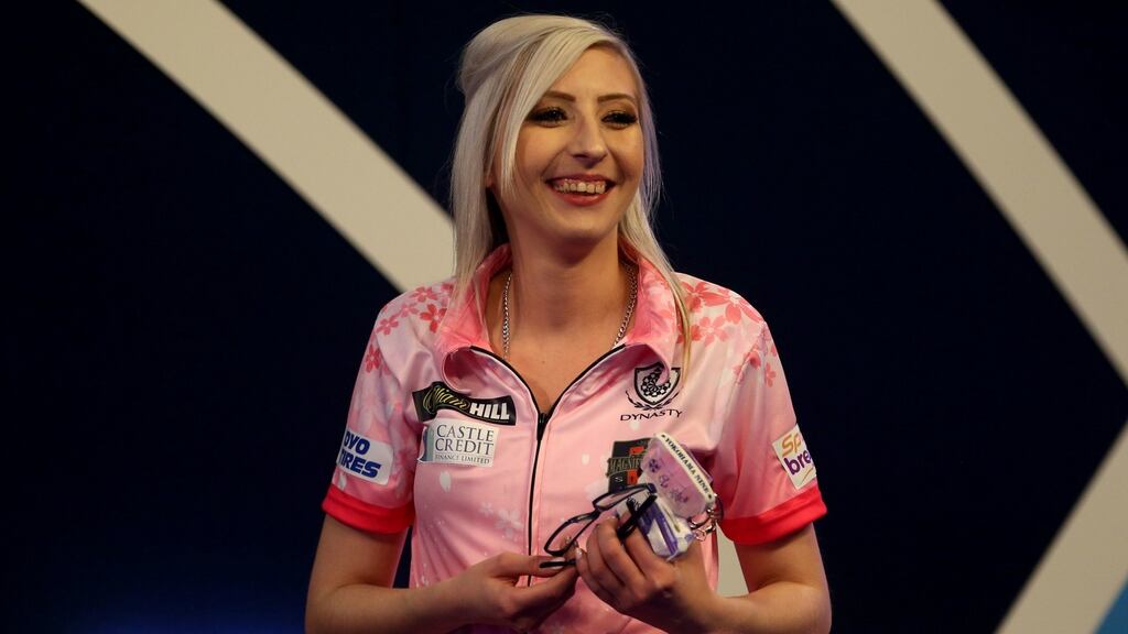 Fallon Sherrock after winning her second-round match in the World Darts Championships at Alexandra Palace, London. Photograph: Steven Paston/PA Wire