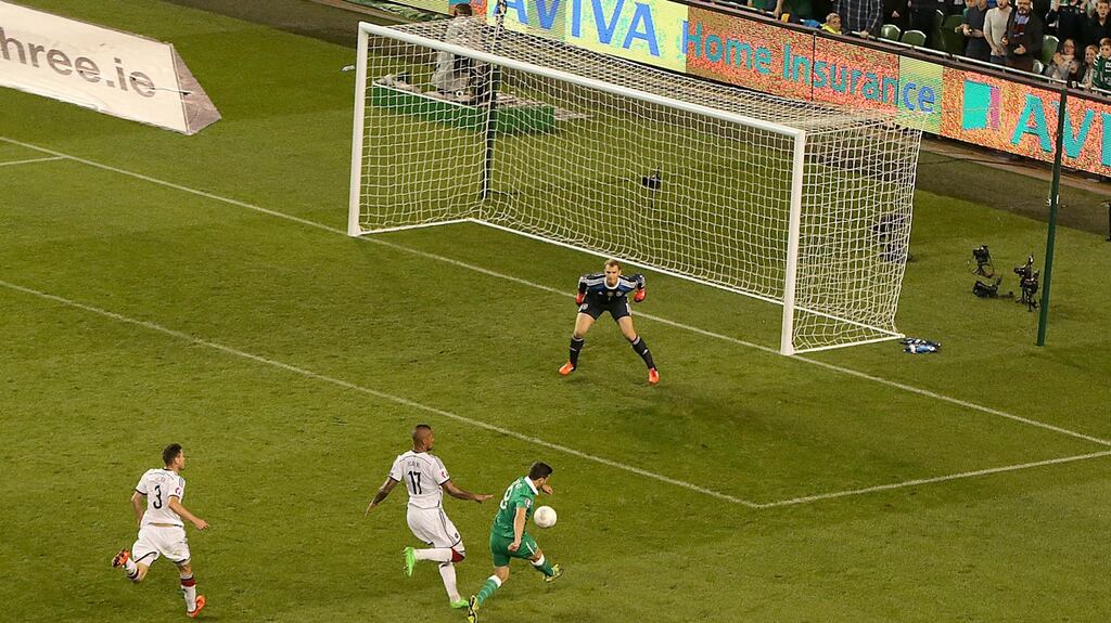 Republic of Ireland’s Shane Long scores against Germany. Photograph: Morgan Treacy/Inpho