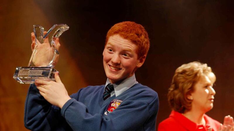 A 16-year-old Patrick Collison, of Castletroy College, Limerick, presented with the Esat BT Young Scientist of the Year 2005 title at the RDS. He won the award for developing a new computer program language. Photograph: Joe St Leger