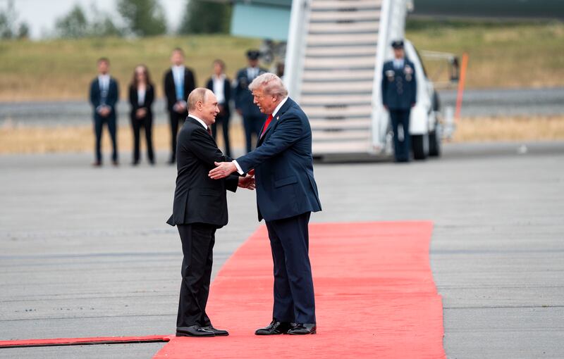 Russian president Vladimir Putin and US president Donald Trump at Joint Base Elmendorf-Richardson in Anchorage, Alaska. Photograph: Doug Mills/New York Times