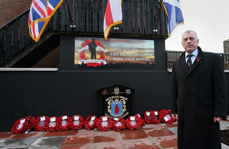 Jackie McDonald at the Sandy Row Remembrance Day service in Belfast. Photograph: Paul Faith/PA