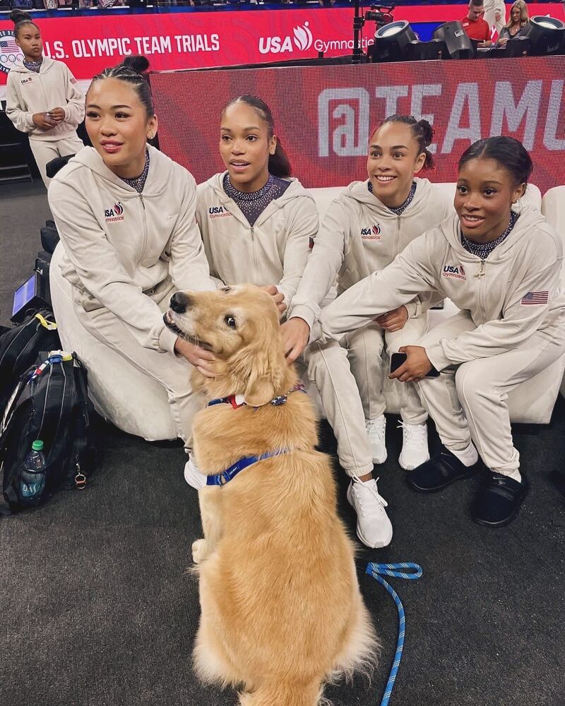 Beacon with members of the US gymnastics team at the Paris Olympics. Photograph: X