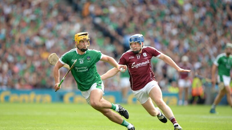 Limerick’s Tom Morrissey in action against Paul Killeen of Galway. Photograph: Dara Mac Dónaill