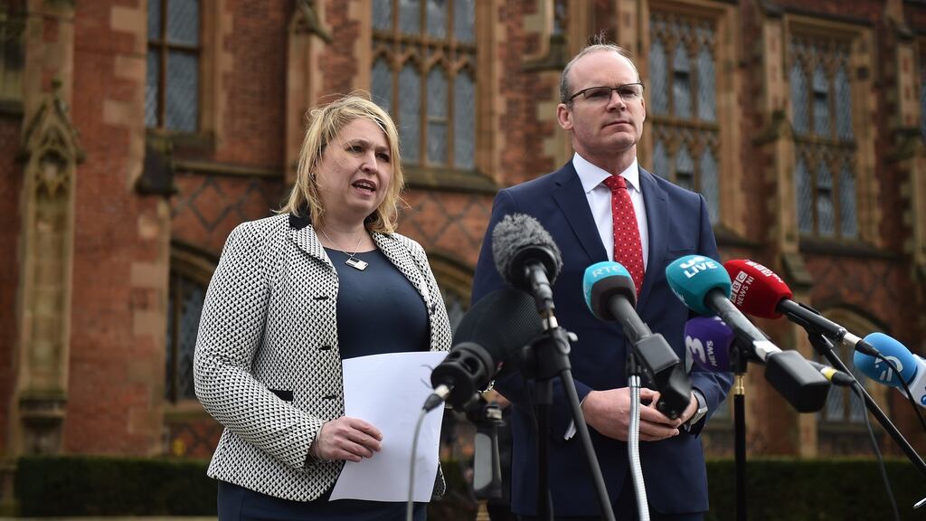 Northern Ireland secretary of state Karen Bradley and Tánaiste Simon Coveney hold a press conference as they attend an event to mark the 20th anniversary of the Belfast Agreement at Queens University in Belfast, Northern Ireland. Photograph: Charles McQuillan/Getty Images