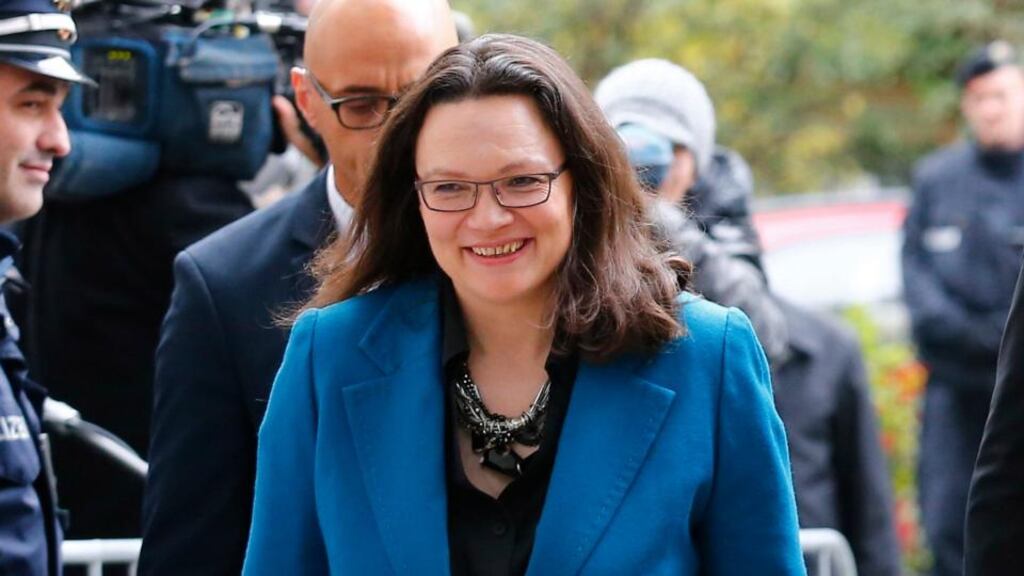 Social Democratic Party general secretary Andrea Nahles: said her party would “in future rule out no coalitions, except with far-right parties”. Photograph: Tobias Schwarz/Reuters