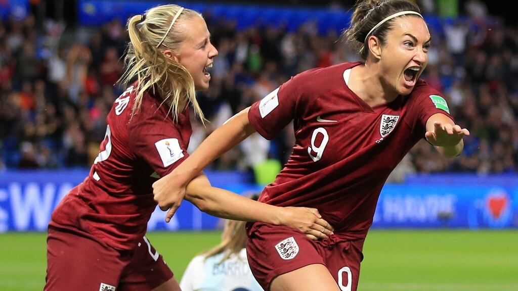 England’s Jodie Taylor celebrates scoring the winning goal with Beth Mead during the Women’s World Cup Group D match against Argentina in Le Havre, France. Photograph: Marc Atkins/Getty Images