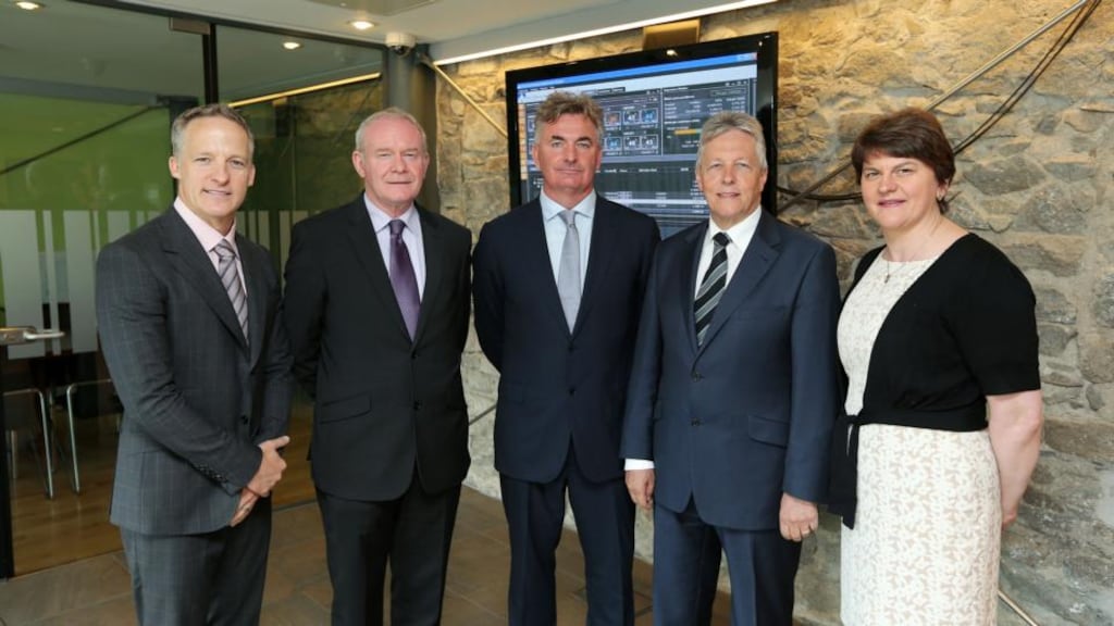 First Derivatives chief executive Brian Conlon and director Kevin Cunningham, Enterprise Minister Arlene Foster, First Minister Peter Robinson and Deputy First Minister Martin McGuinness at the jobs announcement.