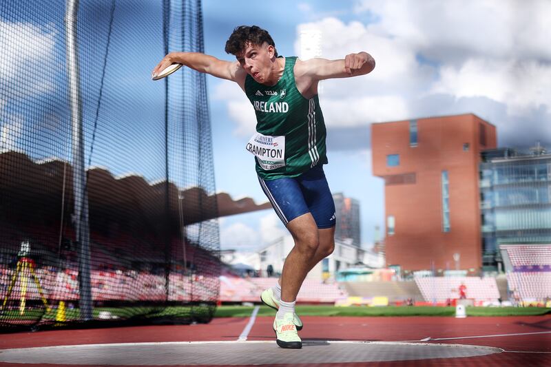 Cian Crampton, from Edenderry AC, ranked fourth overall with his best throws of 57.94m. Photograph: Maja Hitij/ Getty Images for European Athletics