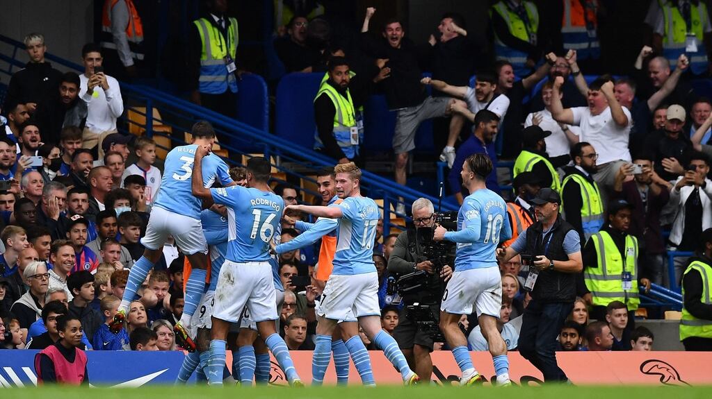 Manchester City’s Brazilian striker Gabriel Jesus celebrates scoring at Stamford Bridge. Photograph: Getty Images