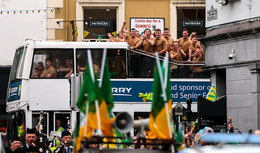 The victorious Kerry team arrive back to Tralee with the Sam Maguire Cup. Photograph: Ben Brady/Inpho