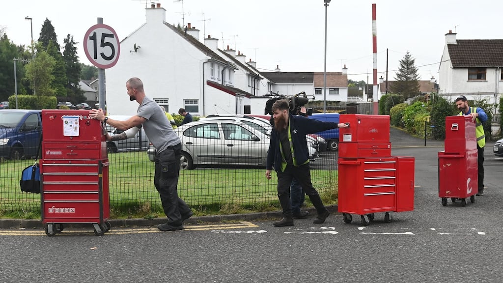 Workers at Wrightbus in Ballymena leave with personal tools on Wednesday. Wrights Group’s discussions with potential buyers all ended without a deal in place. Photograph: Colm Lenaghan/Pacemaker