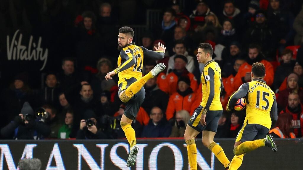 Olivier Giroud celebrates after scoring Arsenal’s third goal during the Premier League match against Bournemouth at Vitality Stadium. Photograph: Warren Little/Getty Images