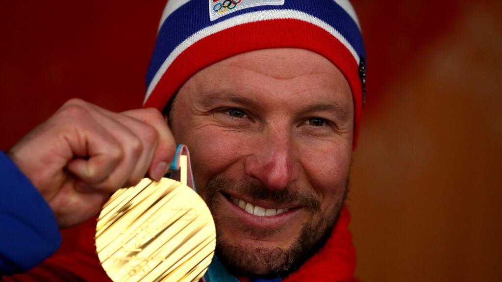 Gold medalist Aksel Lund Svindal of Norway celebrates during the medal ceremony for Alpine Skiing - men’s downhill on day six of the PyeongChang 2018 Winter Olympic Games. Photograph: Alexander Hassenstein/Getty Images