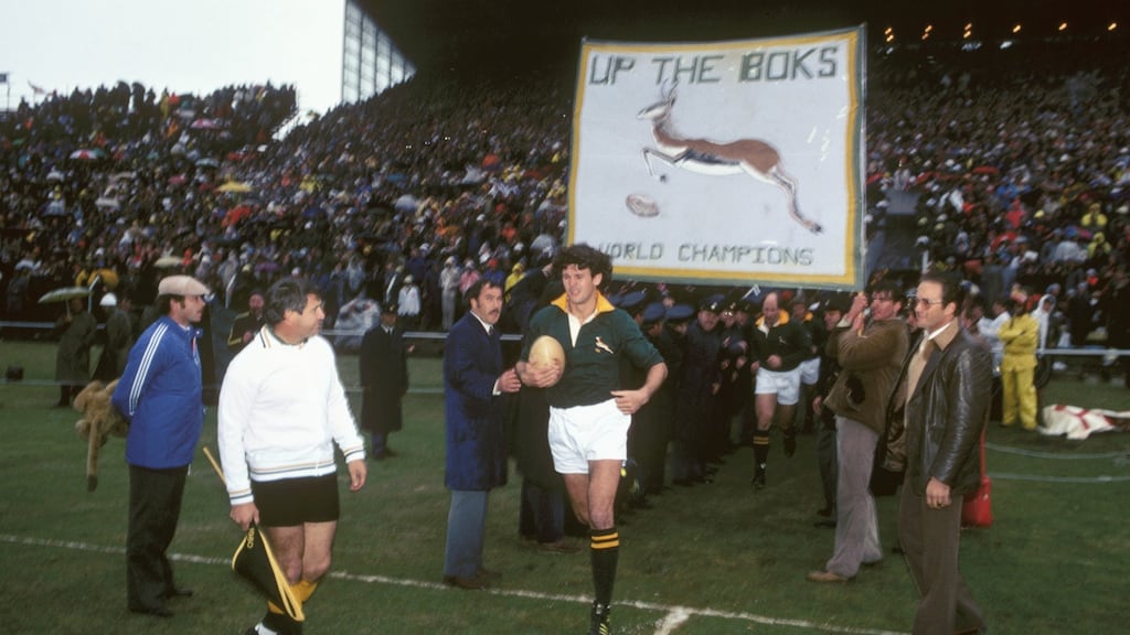 Morne Du Plessis leads out his team against the British Lions in 1980 in Port Elizabeth, South Africa. Photograph: Getty Images