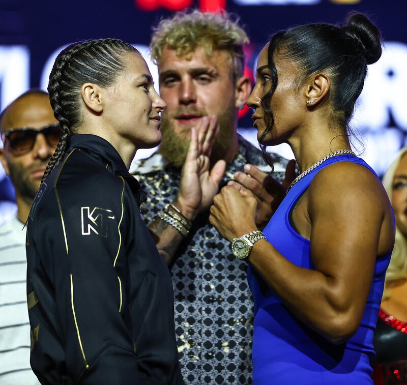 Face-off: Katie Taylor and Amanda Serrano with Jake Paul at the press conference. Photograph: Inpho / Gary Carr