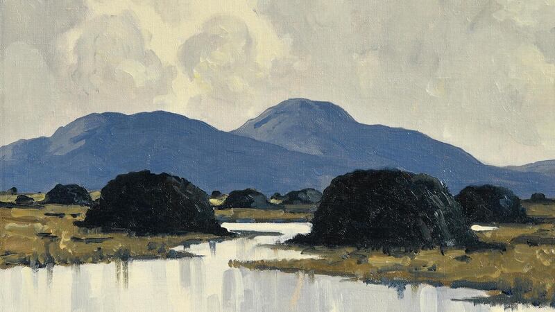 Paul Henry’s An Irish Bog (detail) – silhouetted against a range of blue mountains and large turf stacks in the foreground – featured on the cover of Seán Ó’Faolain’s book An Irish Journey.