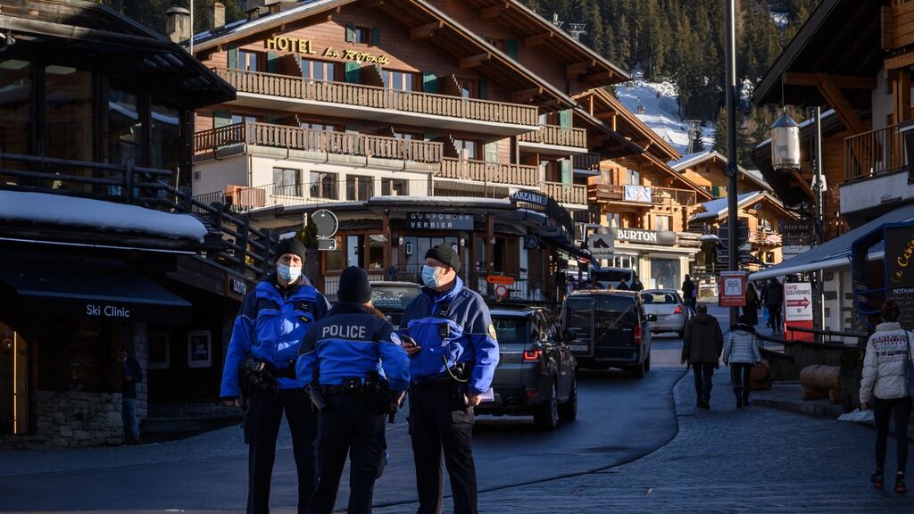 Police officers stand in the street in the alpine resort of Verbier, Switzerland. File photograph: Fabrice Coffrini/AFP via Getty Images