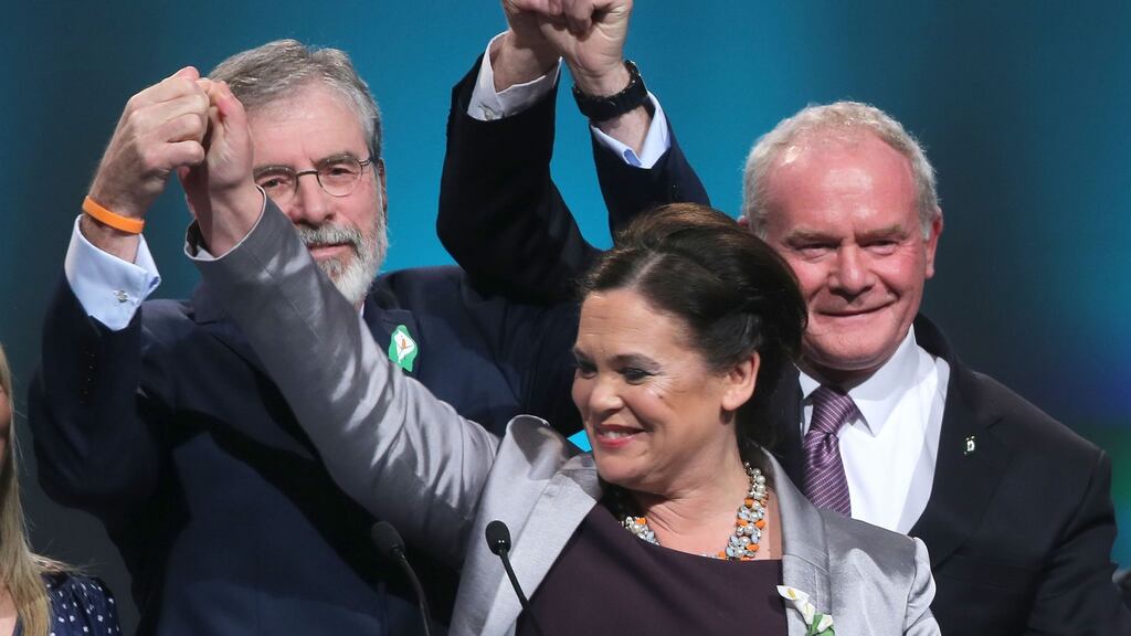 Sinn Féin president Gerry Adams, vice-president Mary Lou McDonald and First Minister of Northern Ireland Martin McGuinness at the party ardfheis at the Convention Centre Dublin. Photograph: Niall Carson/PA Wire