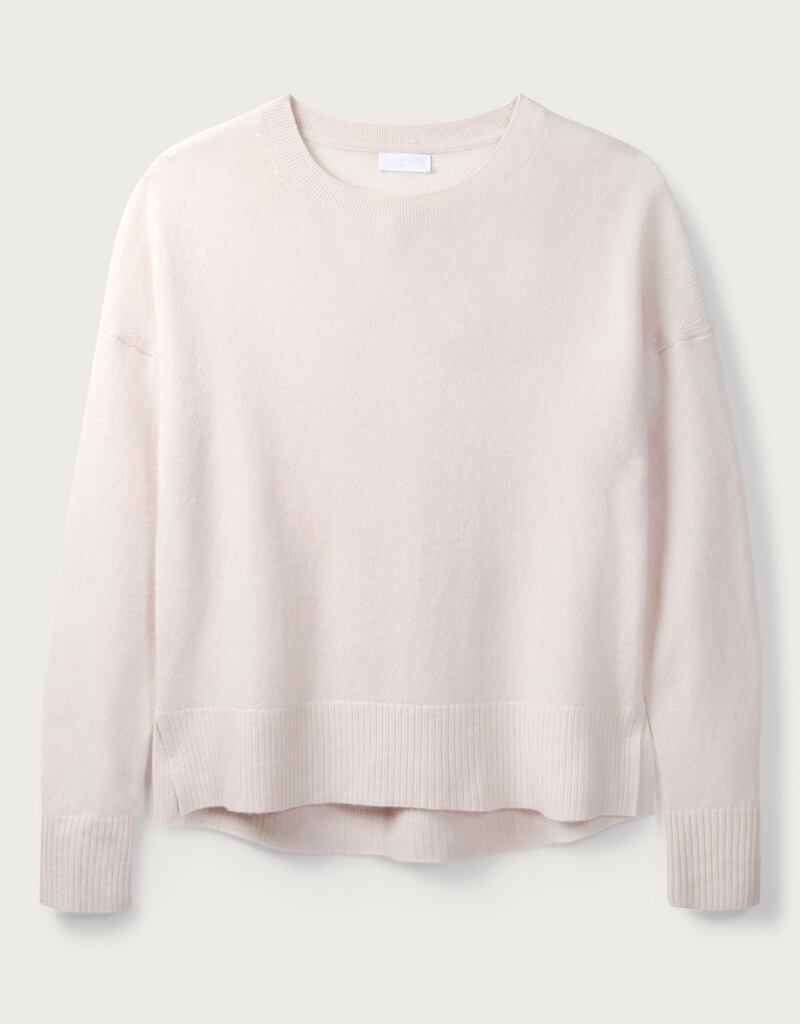 Pink cashmere crew neck sweater with rib details €168 from The White Company (thewhitecompany.com)