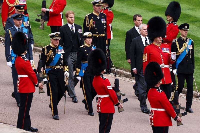 Britain's King Charles; Anne, Princess Royal; Prince Andrew, Duke of York; Prince Edward, Earl of Wessex; William, Prince of Wales; and Prince Harry, Duke of Sussex. Photograph: Henry Nicholls/WPA Pool/Getty Images