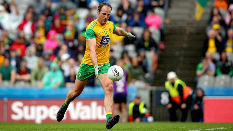 Donegal’s Michael Murphy kicks the equalising point to draw the game against Kerry in last summer’s quarter-final encounter at Croke Park. Photograph: Ryan Byrne/Inpho