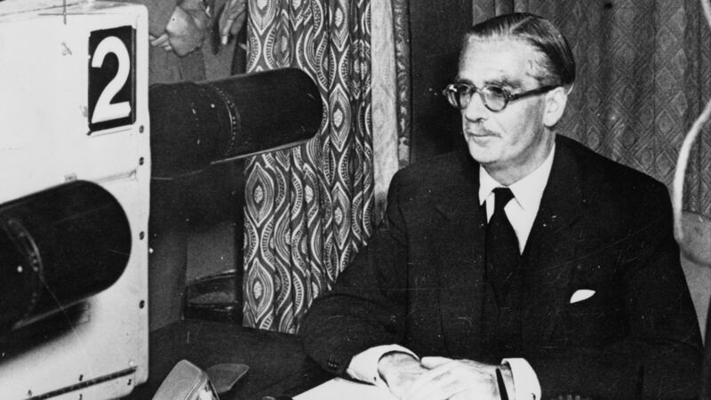 Then British prime minister Sir Anthony Eden addresses the nation with a television broadcast concerning the Suez crisis. Photograph: Keystone/Getty Images