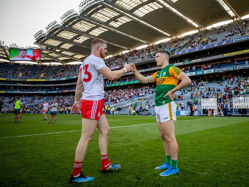 Tyrone's Cathal McShane consoles Paudie Clifford of Kerry after the 2021 All-Ireland SFC semi-final. Photograph: James Crombie