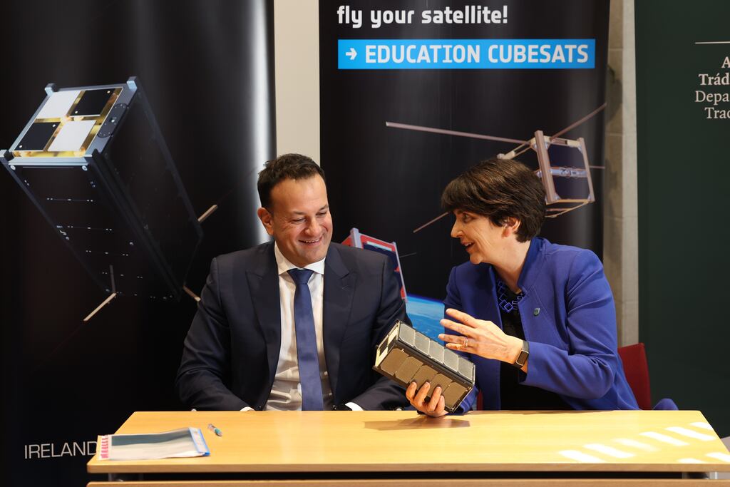 Tánaiste Leo Varadkar with Prof Orla Feely of UCD as the Government signed letters of exchange with the European Space Agency for Ireland's first satellite, Eirsat-1. Photograph: Jason Clarke