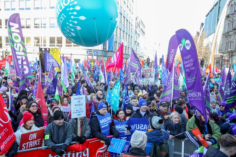 A rally of striking public sector workers in Belfast last month. Photograph: Paul Faith/AFP via Getty Images