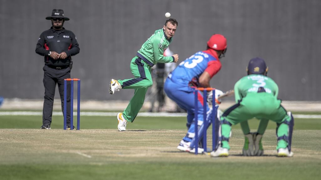 Ireland off-spinner Andy McBrine in action during the first ODI against Afghanistan at the Zayed Cricket Stadium in Abu Dhabi. Photograph: Cricket Ireland