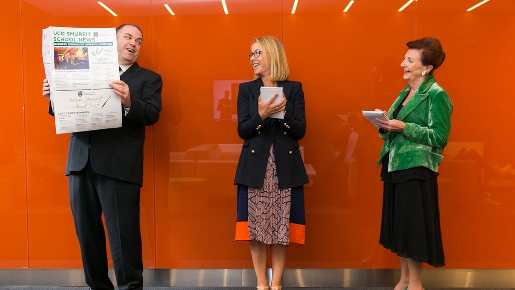 Prof Damien McLoughlin, UCD Smurfit School; Orlagh Nevin, Open Eir and Breege O’Donoghue, of Penneys/Primark, at the launch of the awards