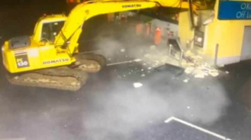 CCTV footage of an ATM machine being ripped from a wall with a stolen digger in Dungiven, Co Derry, this weekend. Photograph: Martin O’Kane/PA Wire