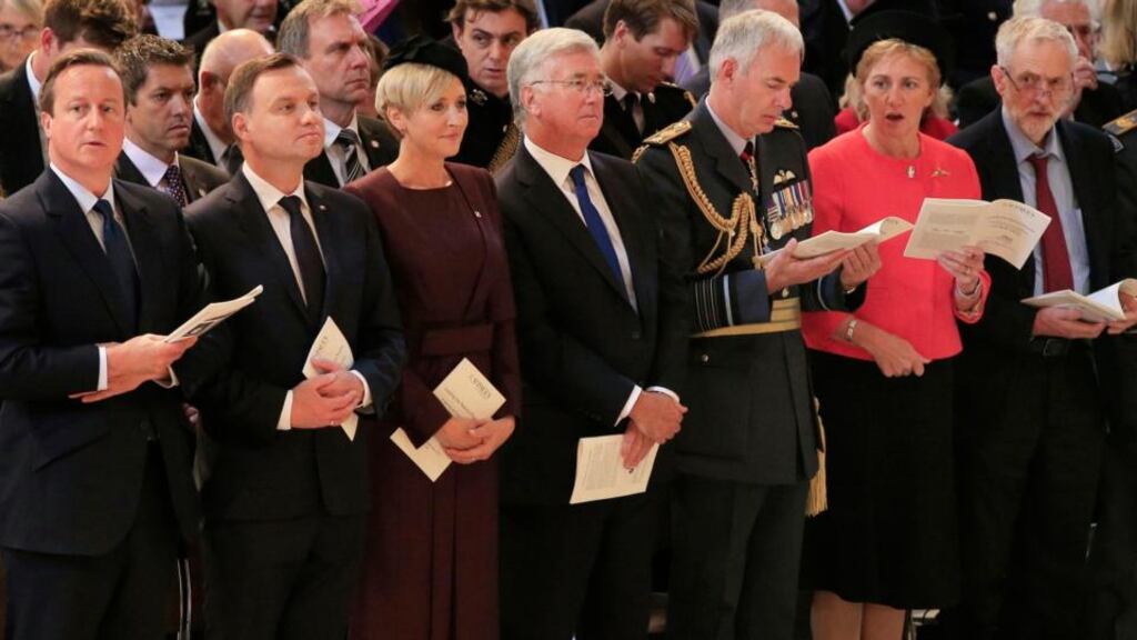Trading places: British prime minister David Cameron (left), and Labour Party leader Jeremy Corbyn (right) during a service to mark the 75th anniversary of the Battle of Britain. Photograph: Jonathan Brady/PA