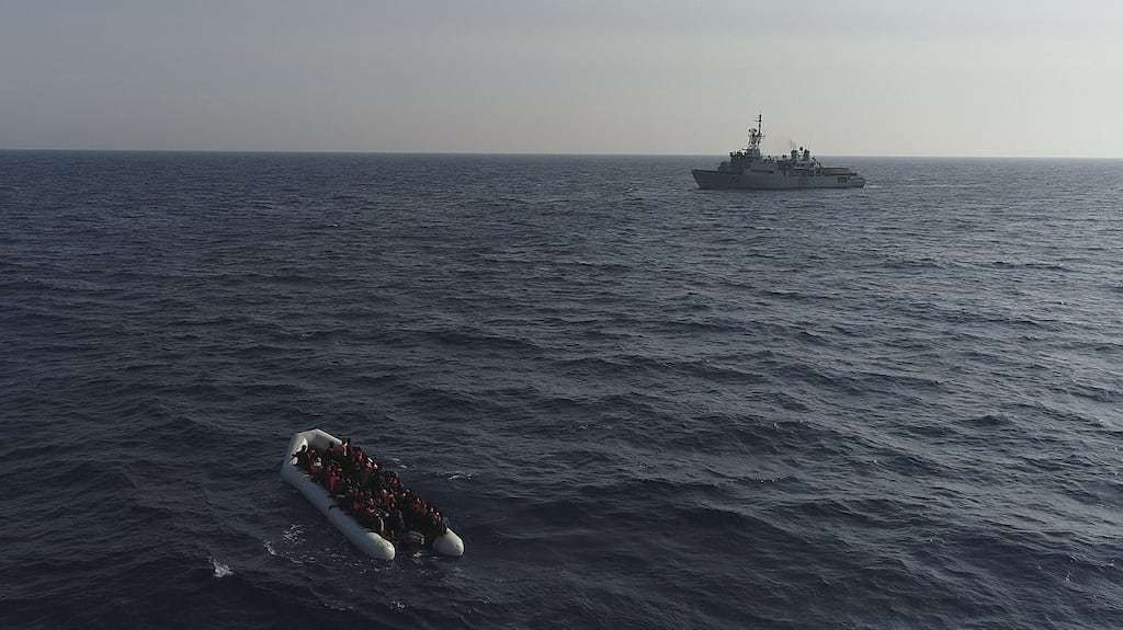 The LÉ Eithne rescued 703 migrants from five inflatable boats about 83km off the North West coast of Tripoli on Friday. Photograph: Defence Forces